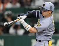 　２回、右前打を放つ佐藤輝（撮影・田中太一）