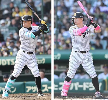 並べたらよく分かる！確かにバットが寝てる。変化した佐藤輝の「構え」＝左が２０２５年、右は２０２６年