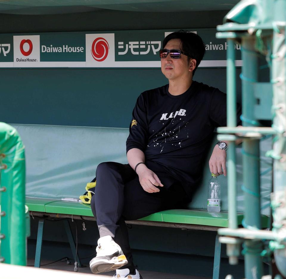 ベンチから練習を見守る藤川監督（撮影・西田忠信）　