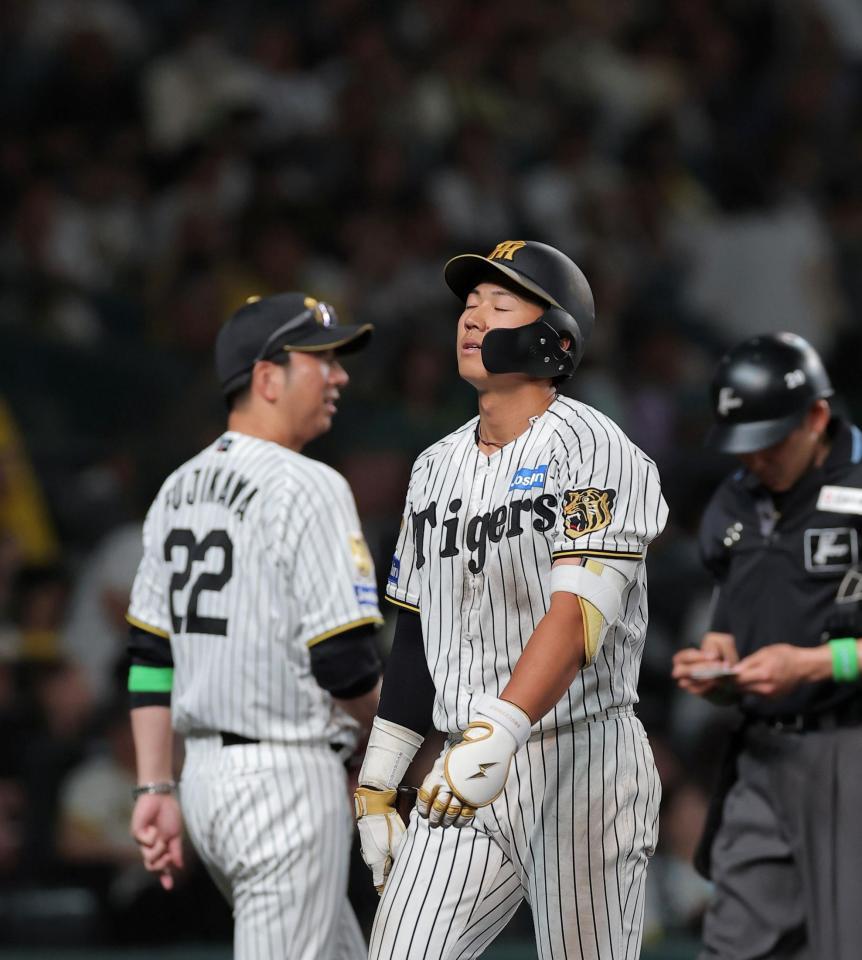 ８回、見逃し三振に倒れた立石。左は交代を告げる藤川監督（撮影・西田忠信）