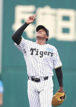 ２回、西武打線を三者凡退に抑え、天を指さすマルティネス（撮影・中田匡峻）