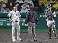 ５回、坂本（右）が悪送球となり、審判に判定の確認をする藤川監督（左）＝撮影・立川洋一郎