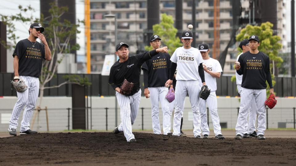 ２軍に合流した桐敷（左から２人目）＝撮影・中田匡峻