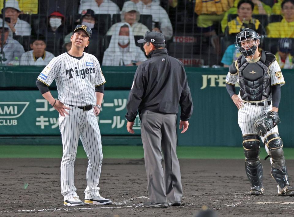 ５回、坂本（右）が悪送球となり、審判に判定の確認をする藤川監督（左）＝撮影・立川洋一郎