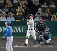 ９回、右翼スタンドへソロを放つ佐藤輝（撮影・立川洋一郎）