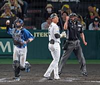 ９回、空振り三振に終わって最後の打者となる立石（撮影・立川洋一郎）