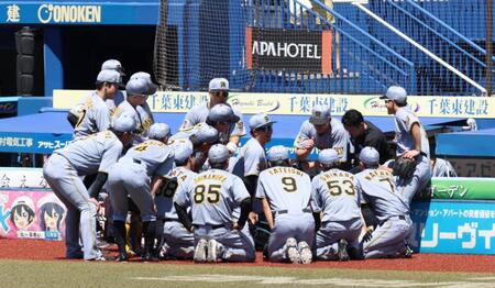 試合前、円陣を組む阪神ナイン（撮影・伊藤笙子）