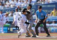 ６回、森下が飛球を落球し生還する友杉（撮影・山口登）