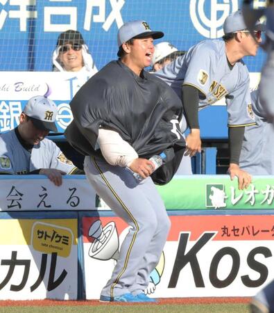 　勝利の瞬間、ベンチを飛び出す村上（撮影・西岡正）