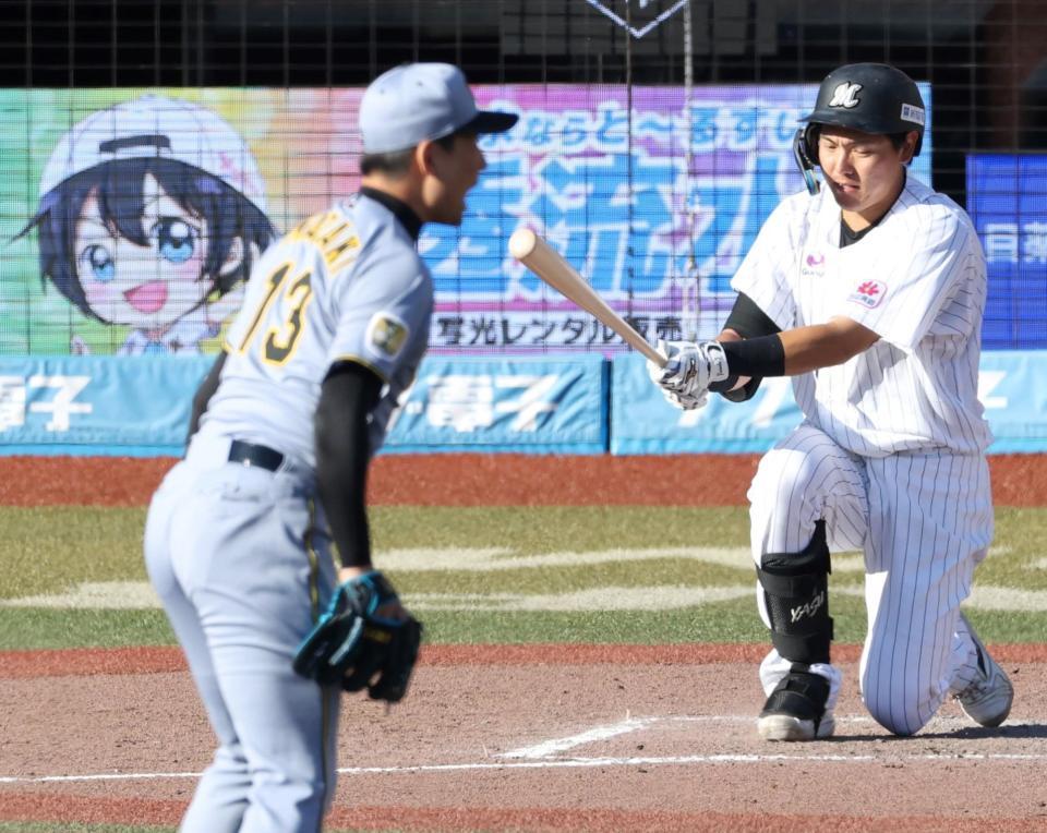 ８回、岩崎（手前）の前に空振り三振に倒れる安田（撮影・伊藤笙子）