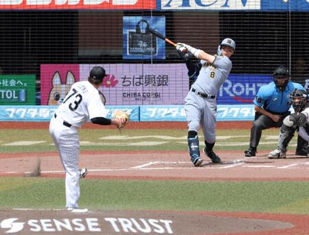 ４回、ロング（手前）から右前打を放つ佐藤輝（撮影・伊藤笙子）