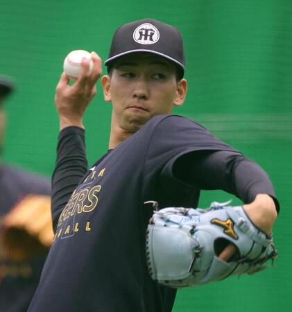 キャッチボールをする今朝丸（撮影・坂部計介）