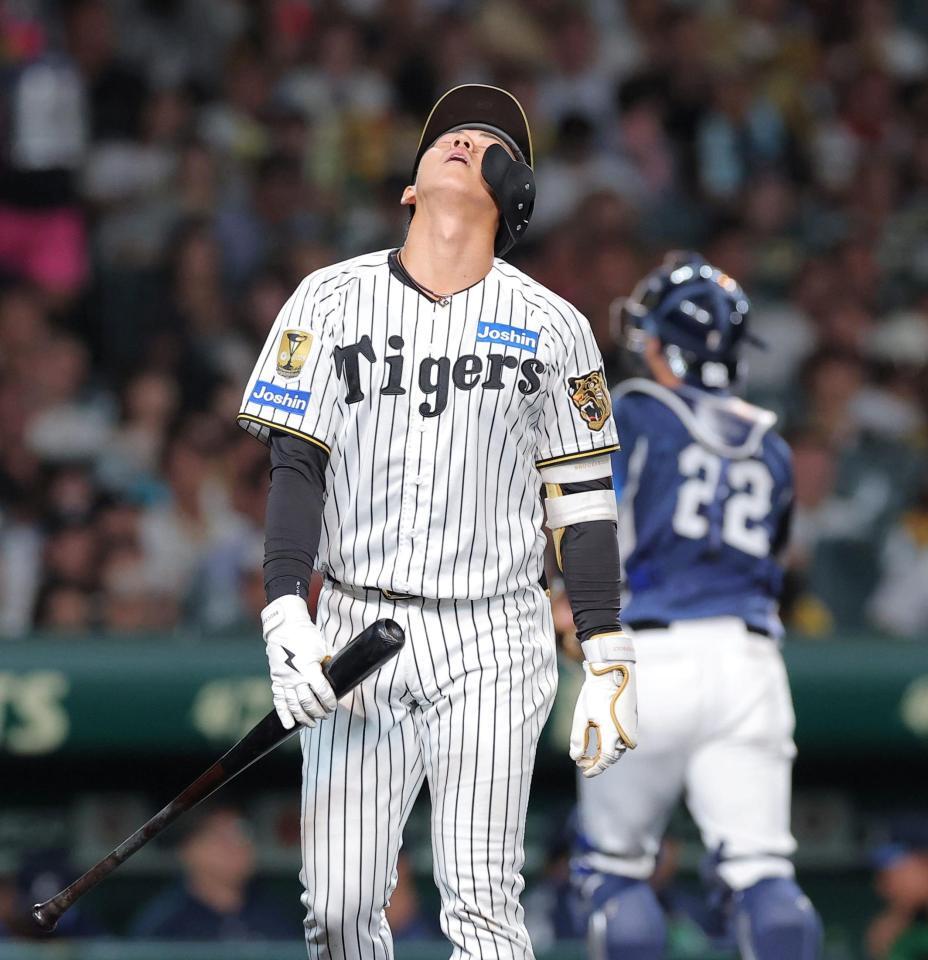 ７回、空振り三振に倒れ天を仰ぐ立石（撮影・西田忠信）