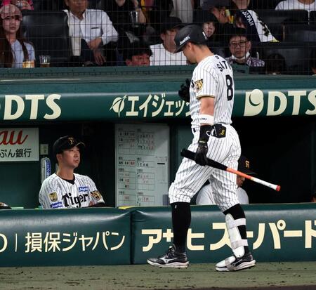 ４回、グラウンドを見つめる藤川監督（右は空振り三振に倒れベンチに戻る佐藤輝）＝撮影・山口登