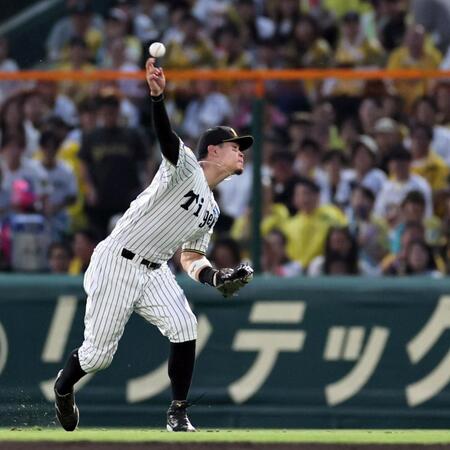 ４回、西川の打球を本塁へ悪送球する佐藤輝（撮影・田中太一）
