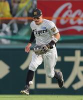 ４回、西川の打球の処理にもたつく佐藤輝（撮影・西田忠信）