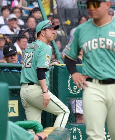 ５回が終了し森下が退場処分となり、交代を告げにベンチを出る藤川監督（撮影・立川洋一郎）