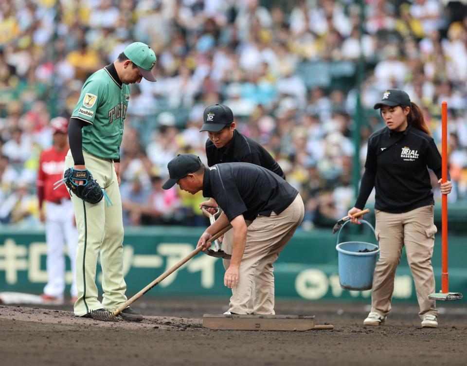 ８回、マウンドを整備する阪神園芸の係員（撮影・山口登）