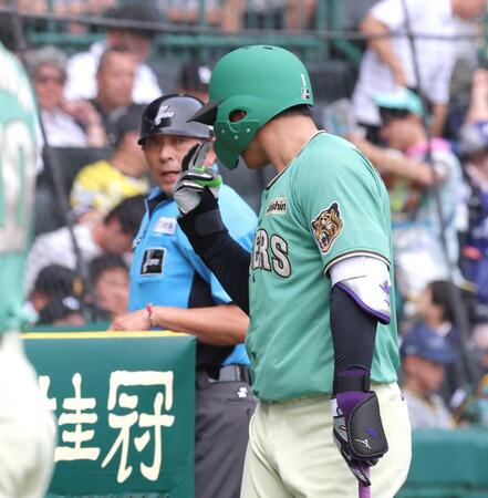 　５回、空振り三振に倒れた後、真鍋球審（左）に抗議しながらベンチへ向かう森下（撮影・立川洋一郎）