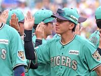 勝利のタッチを交わす（右から）立石、前川ら阪神ナイン（撮影・立川洋一郎）