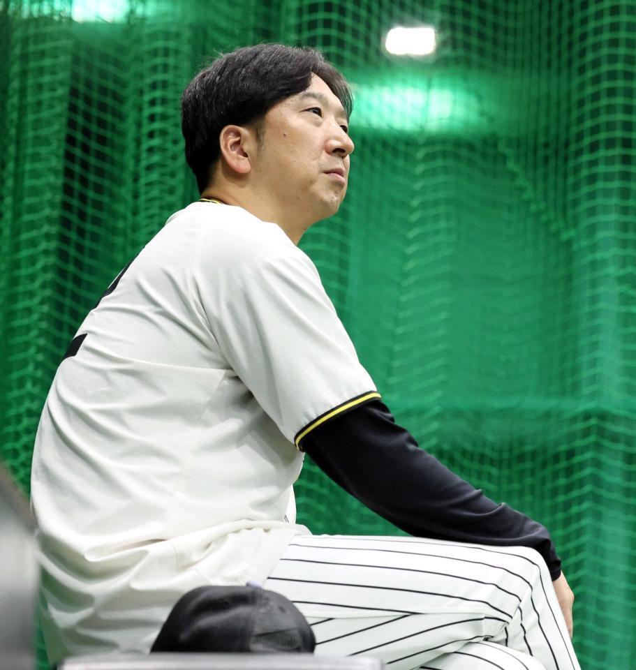　練習を見守る藤川監督（撮影・立川洋一郎）