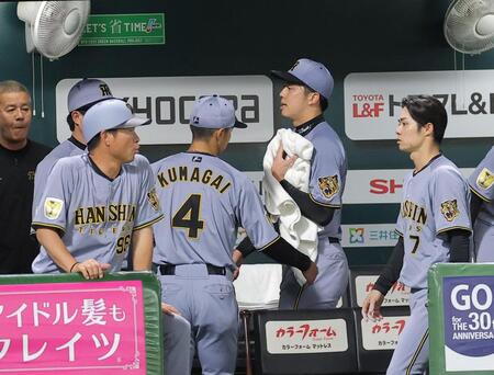 ３回を投げ終え、ベンチ裏に向かう才木（右から２人目）＝撮影・西田忠信