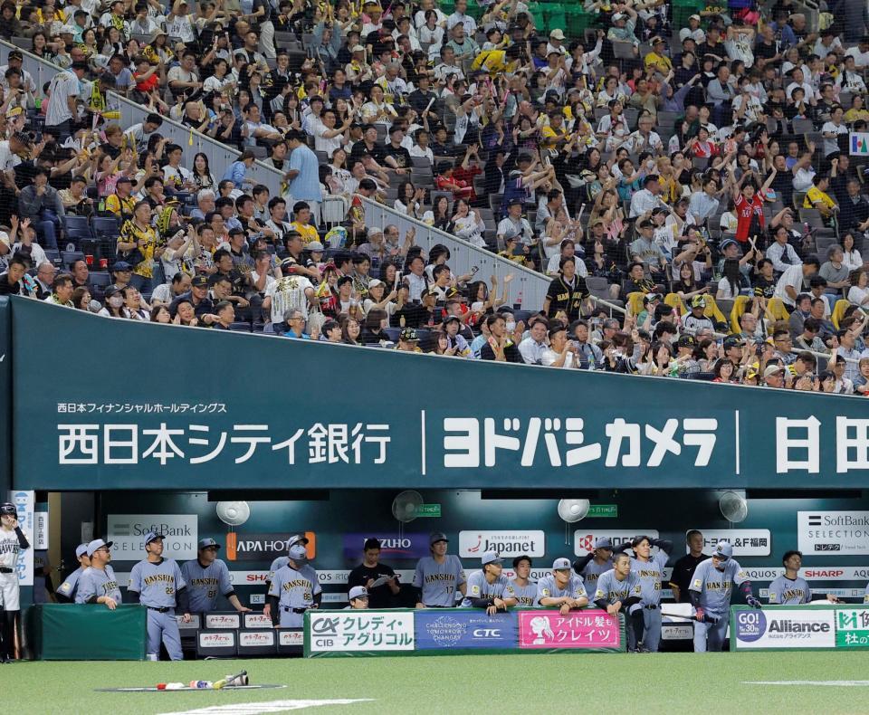 ソフトバンクに３連敗を喫し、ベンチで肩を落とす阪神ナイン（撮影・西田忠信）