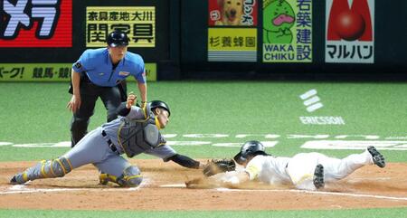 　７回、牧原大の右前打で生還する野村。捕手坂本