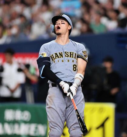 　７回、三振に倒れ悔しがる佐藤輝（撮影・田中太一）