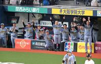 ９回、追加点に沸く阪神ベンチ（撮影・飯室逸平）