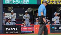 １０回、山中にサヨナラ打を浴び、ベンチでぼう然とする藤川監督らナイン（撮影・西田忠信）