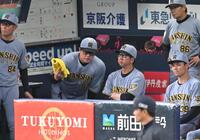 １０回、ベンチで安藤コーチと話す藤川監督（撮影・飯室逸平）