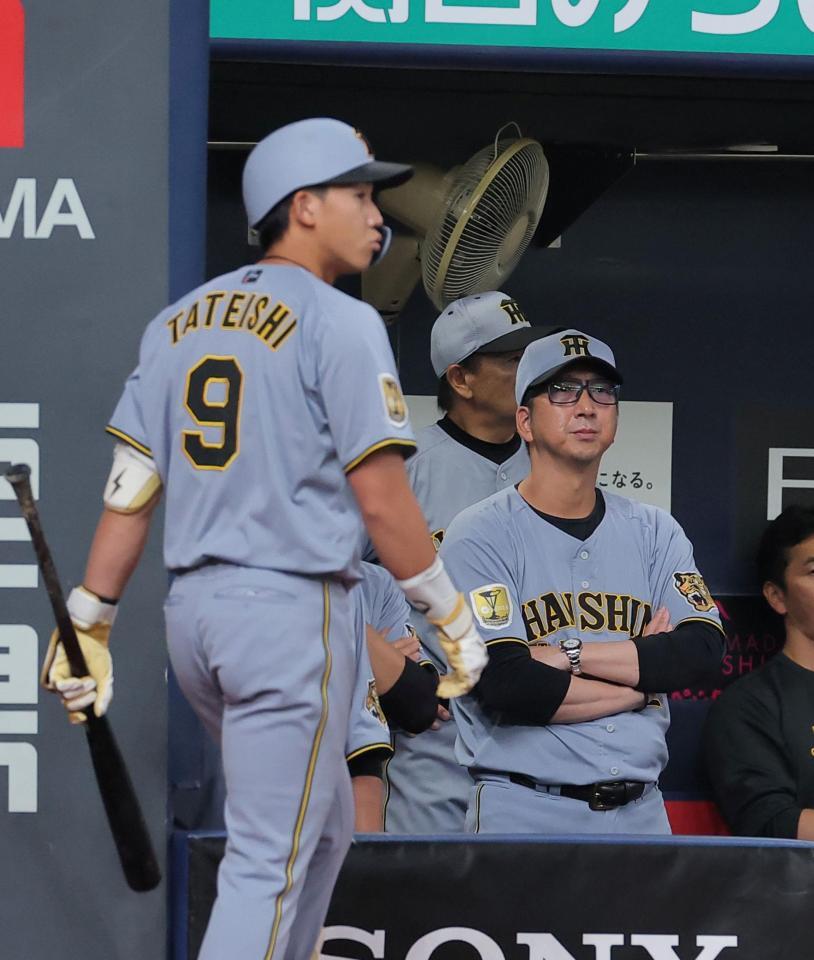 １０回、代打の立石（左）が三振に倒れ厳しい表情の藤川監督（撮影・西田忠信）