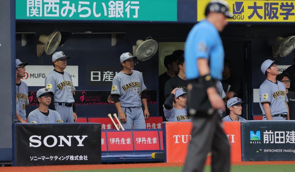 １０回、山中にサヨナラ打を浴び、ベンチでぼう然とする藤川監督らナイン（撮影・西田忠信）