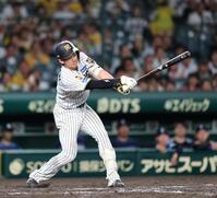 ９回阪神２死一塁、阪神・立石正広が空振り三振に倒れ試合終了する＝甲子園（撮影・山口登）