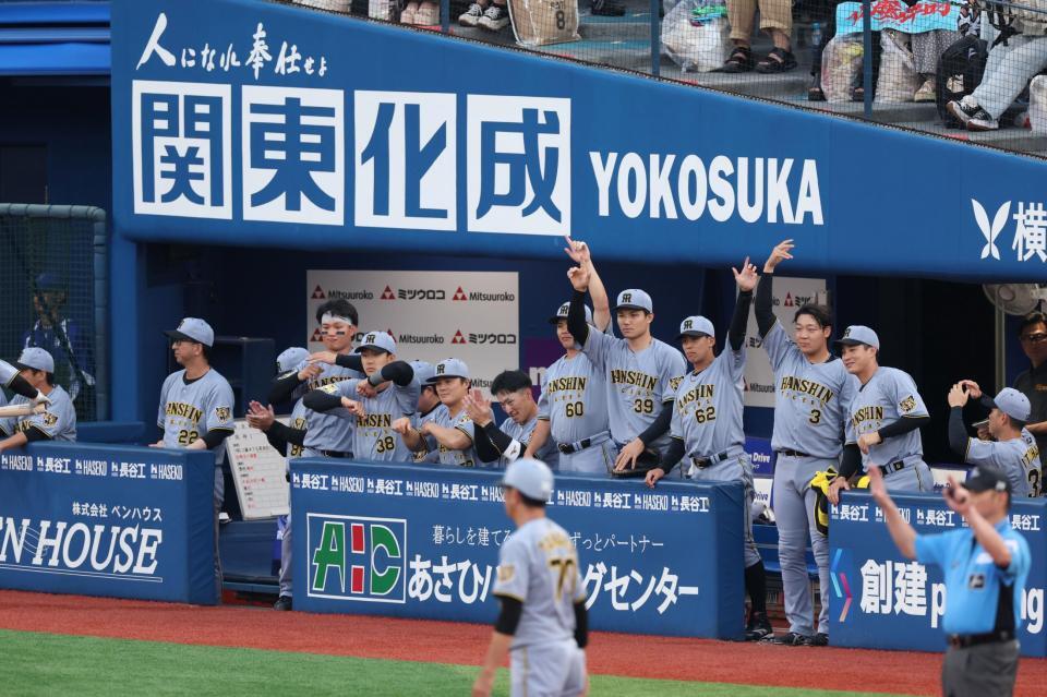 １回、高寺の適時二塁打で盛り上がる阪神ベンチ（撮影・金田祐二）