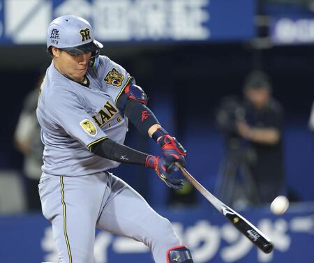 ５回、左犠飛を放つ大山（撮影・西岡正）