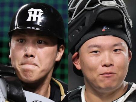 阪神・伏見寅威（左）と嶋村麟士朗