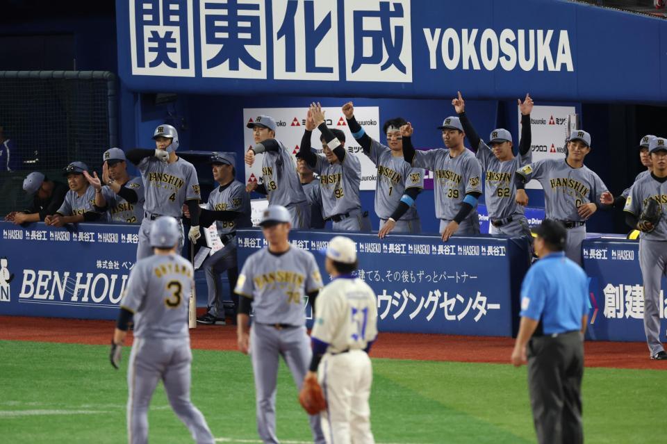 ３回、適時二塁打で盛り上がる阪神ベンチ（撮影・金田祐二）