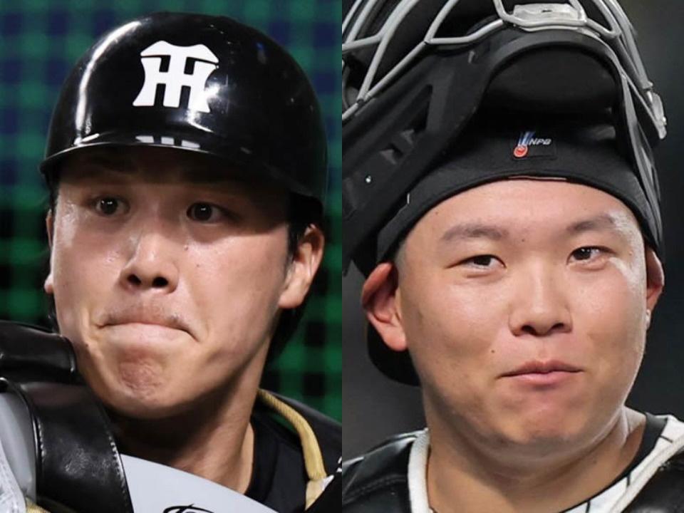 阪神・伏見寅威（左）と嶋村麟士朗