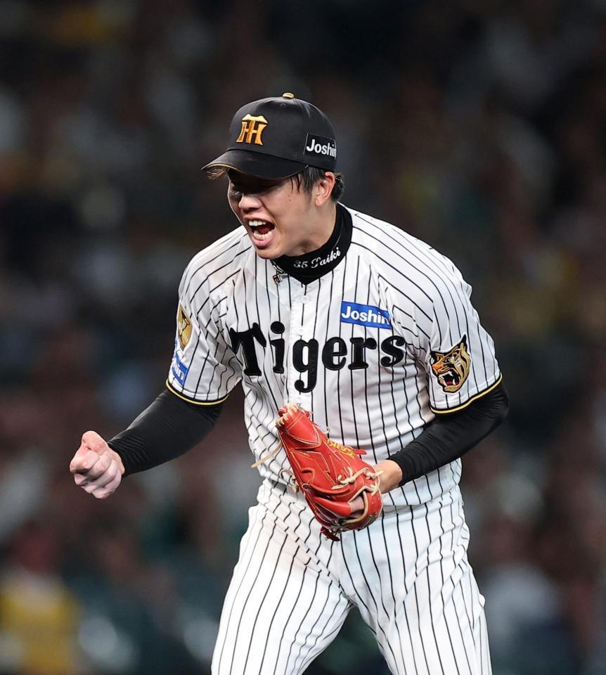 ６回、松下を三振に仕留め、ほえる才木（撮影・西田忠信）