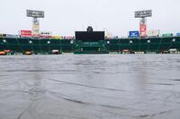 グラウンドに掛けられたシートカバー。雨天中止が決まる（撮影・立川洋一郎）