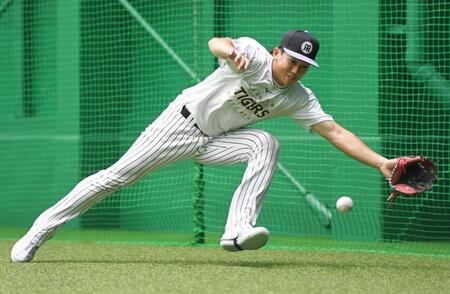 ノックの打球に食らいつく立石（撮影・高部洋祐）