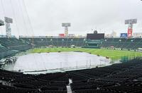 　雨が降り注ぐ甲子園球場＝甲子園（撮影・田中太一）