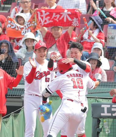 ２回、同点ソロの佐々木（１０）を笑顔で迎える岡本（左）＝撮影・西田忠信