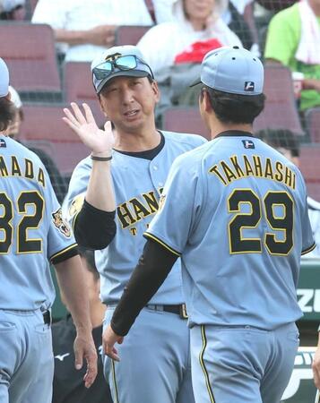 広島に勝利し、高橋（２９）を迎える藤川監督（撮影・北村雅宏）
