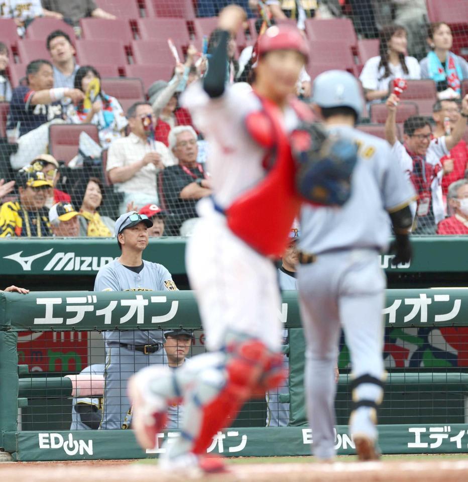 　広島に敗れ、グラウンドを見つめる藤川監督（左）＝撮影・北村雅宏
