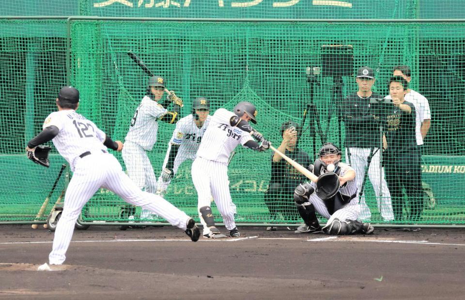 シート打撃で左前に安打性の当たりを放つ近本（投手・松原）