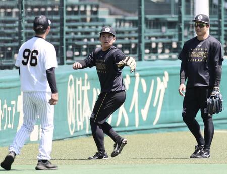 守備練習をする嶋村（中央）と栄枝（右）＝撮影・田中太一