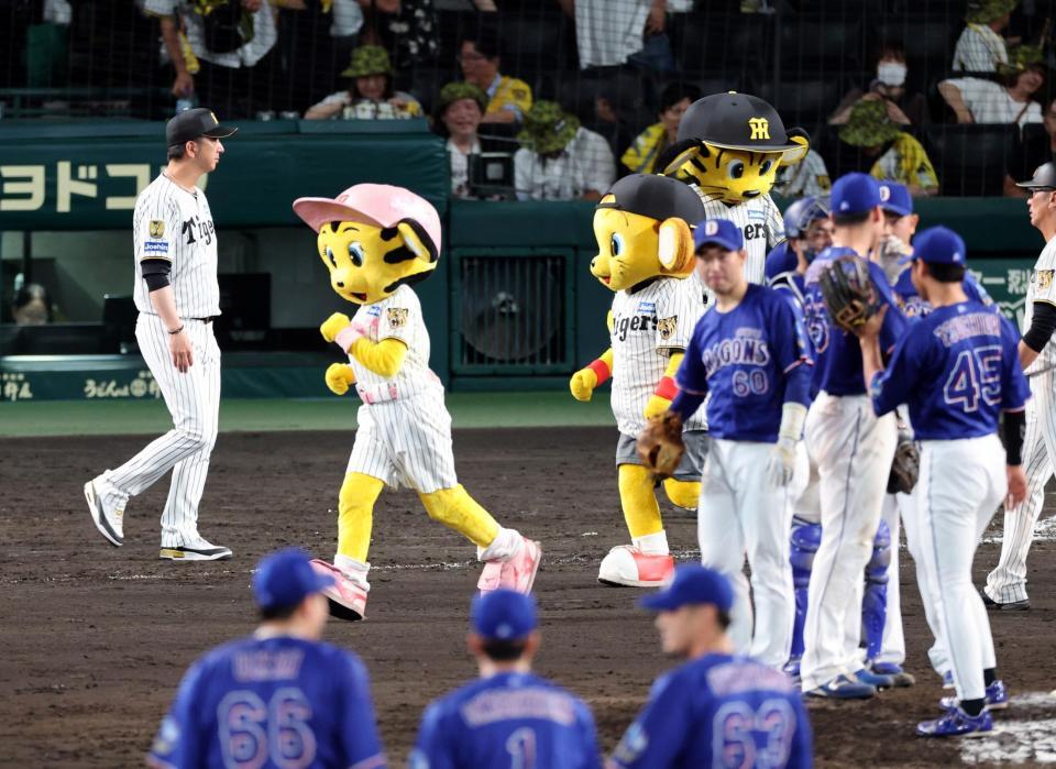 中日に敗れ、整列に向かう藤川監督（左）＝撮影・山口登